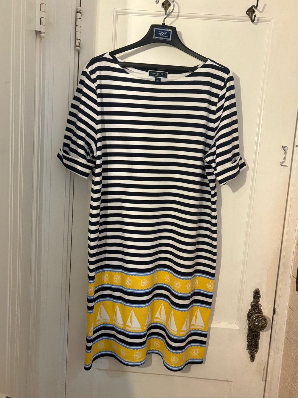 Karen Scott Navy and White Striped Midi Dress with Yellow Sailboat Border
